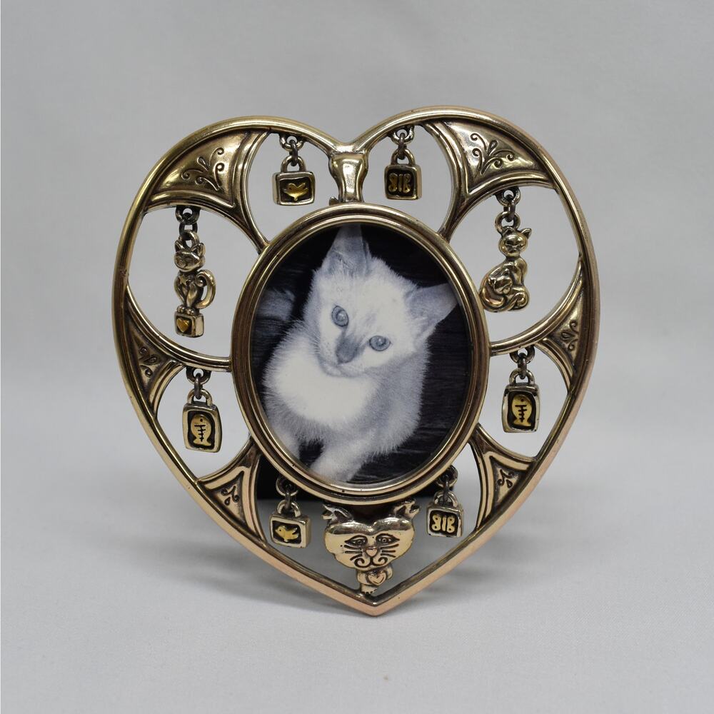 Vintage Brighton Cat Picture Frame Stand Heart Shaped Photo Metal Charms Small